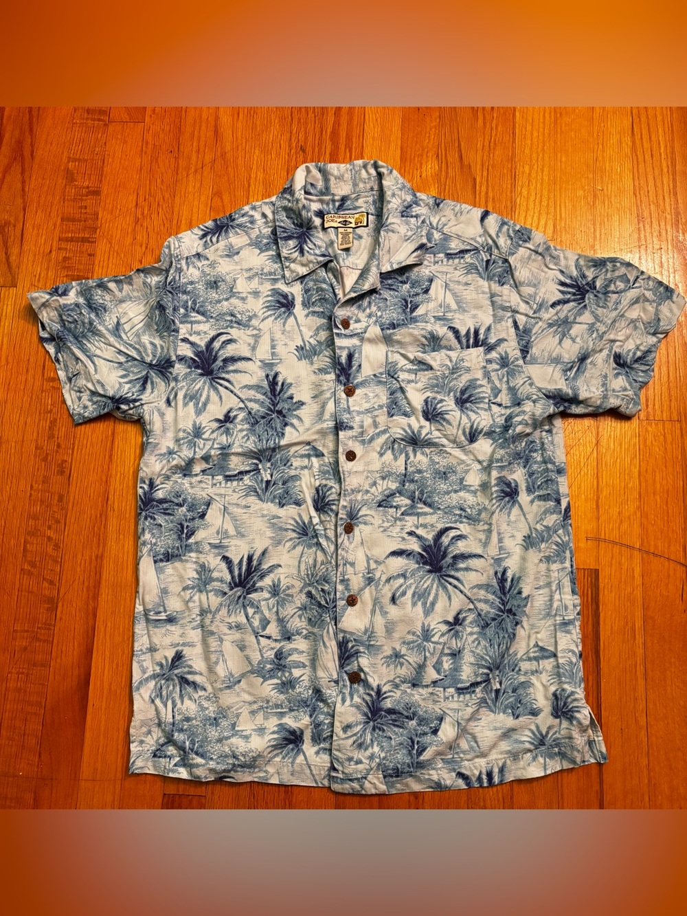 Caribbean Joe Let Go Men's M Blue Tropical Rayon Button-Up Shirt / Medium